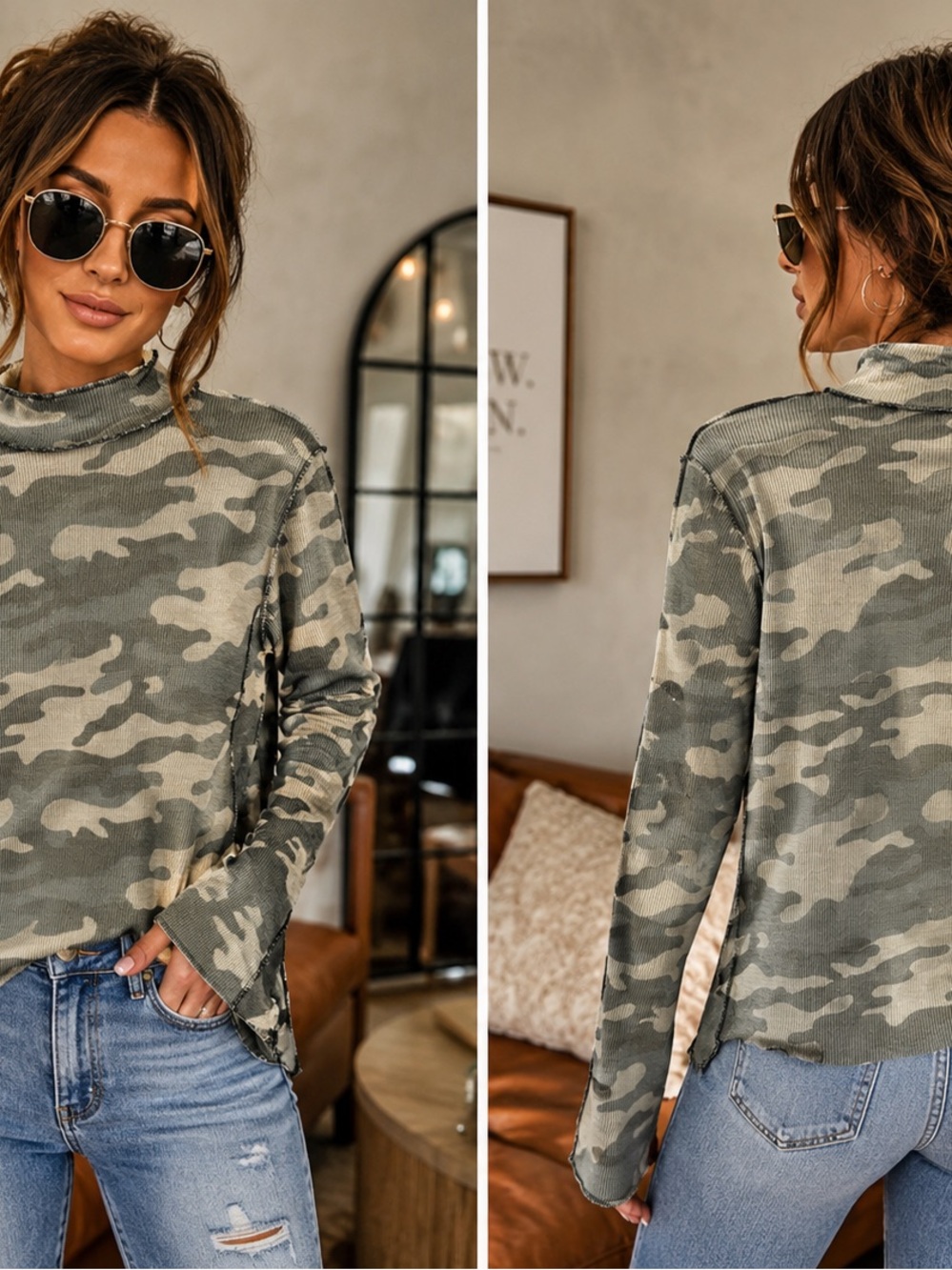 BKE Green Camo Mock Neck Long-Sleeve Top